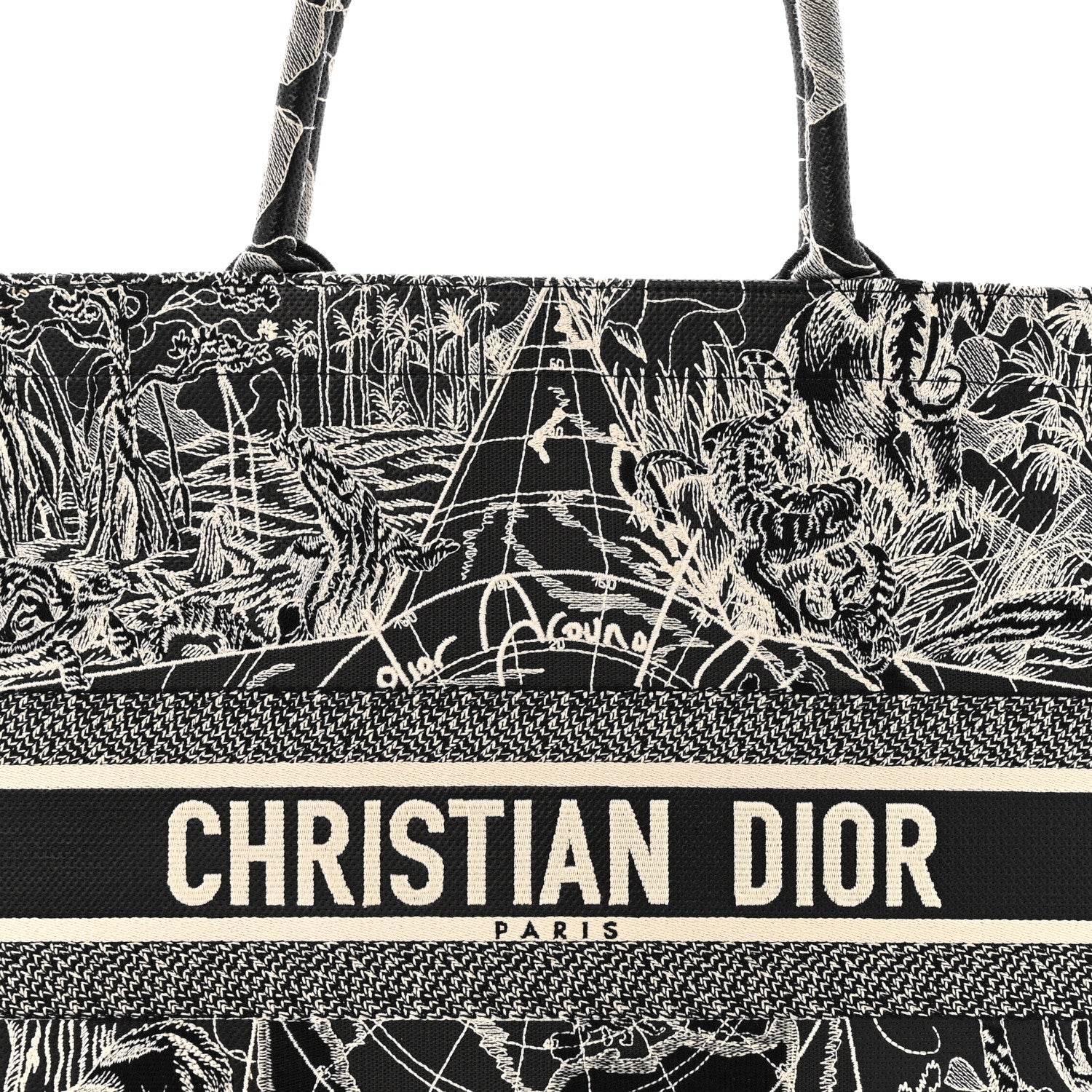 Christian Dior Canvas Embroidered Large Around The World Book Tote Black White 8 of 14