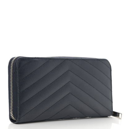 Saint Laurent Grain De Poudre Matelasse Chevron Monogram Zip Around Wallet Deep Marine 3 of 10