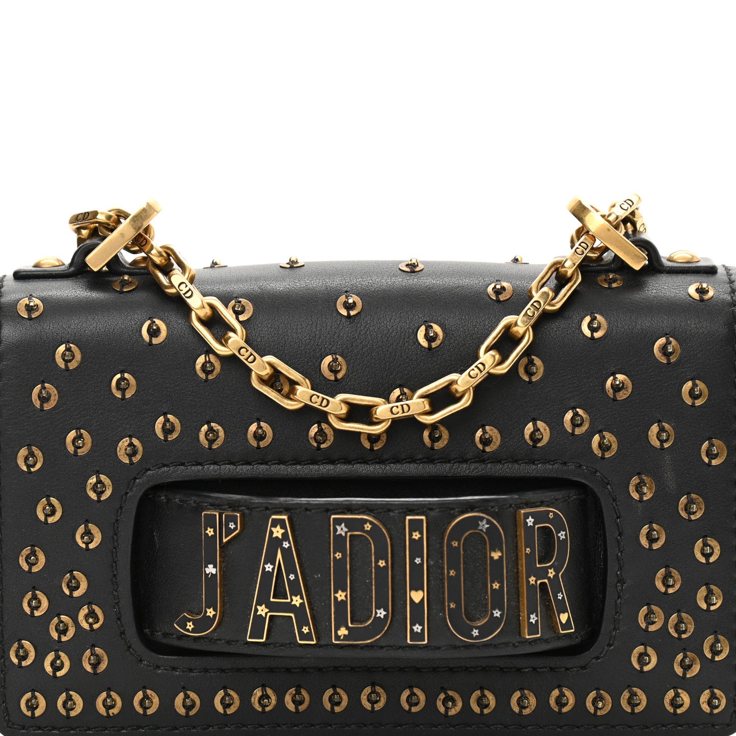 Calfskin Studded Mini J'Adior Chain Flap Bag Black