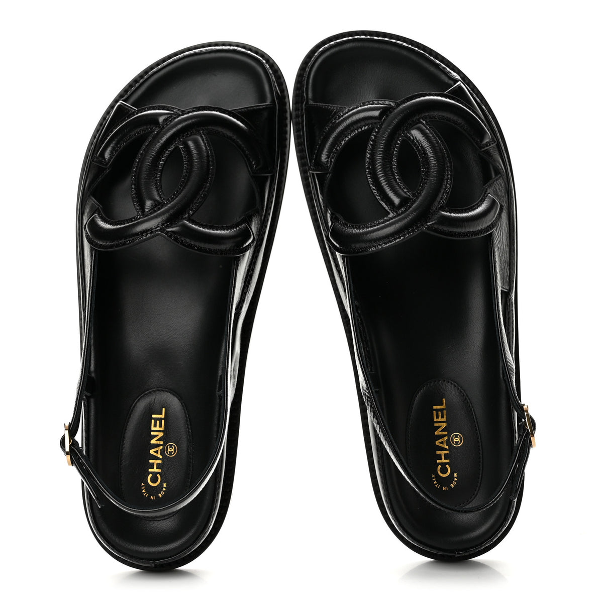 Crumpled Shiny Lambskin CC Cut Out Dad Sandals 40 Black
