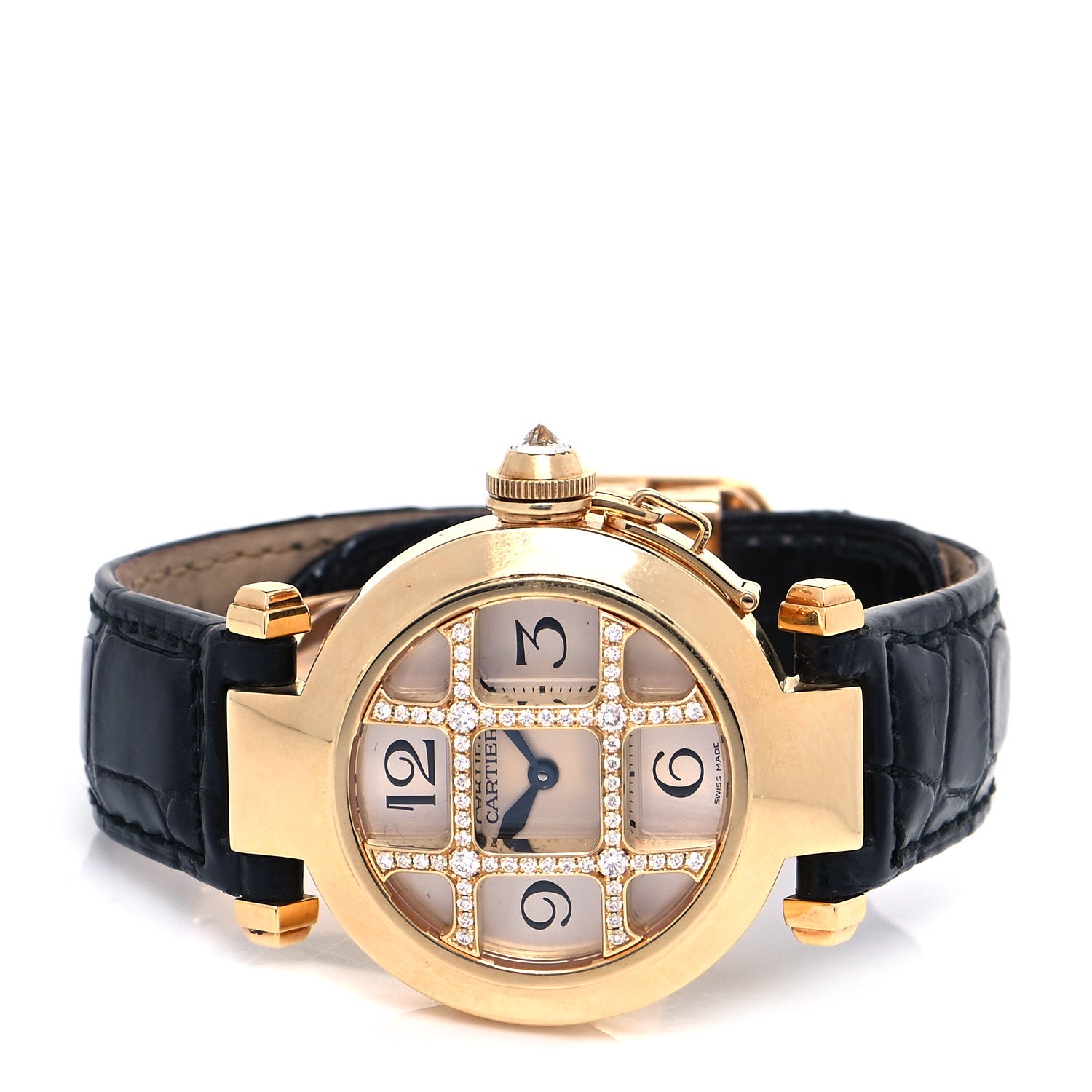 Cartier 18K Yellow Gold Alligator Diamond 32mm Pasha C Grille Quartz Watch 2 of 5