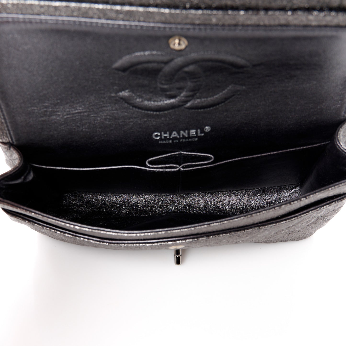 Metallic Crackled Calfskin Medium Double Flap Dark Silver