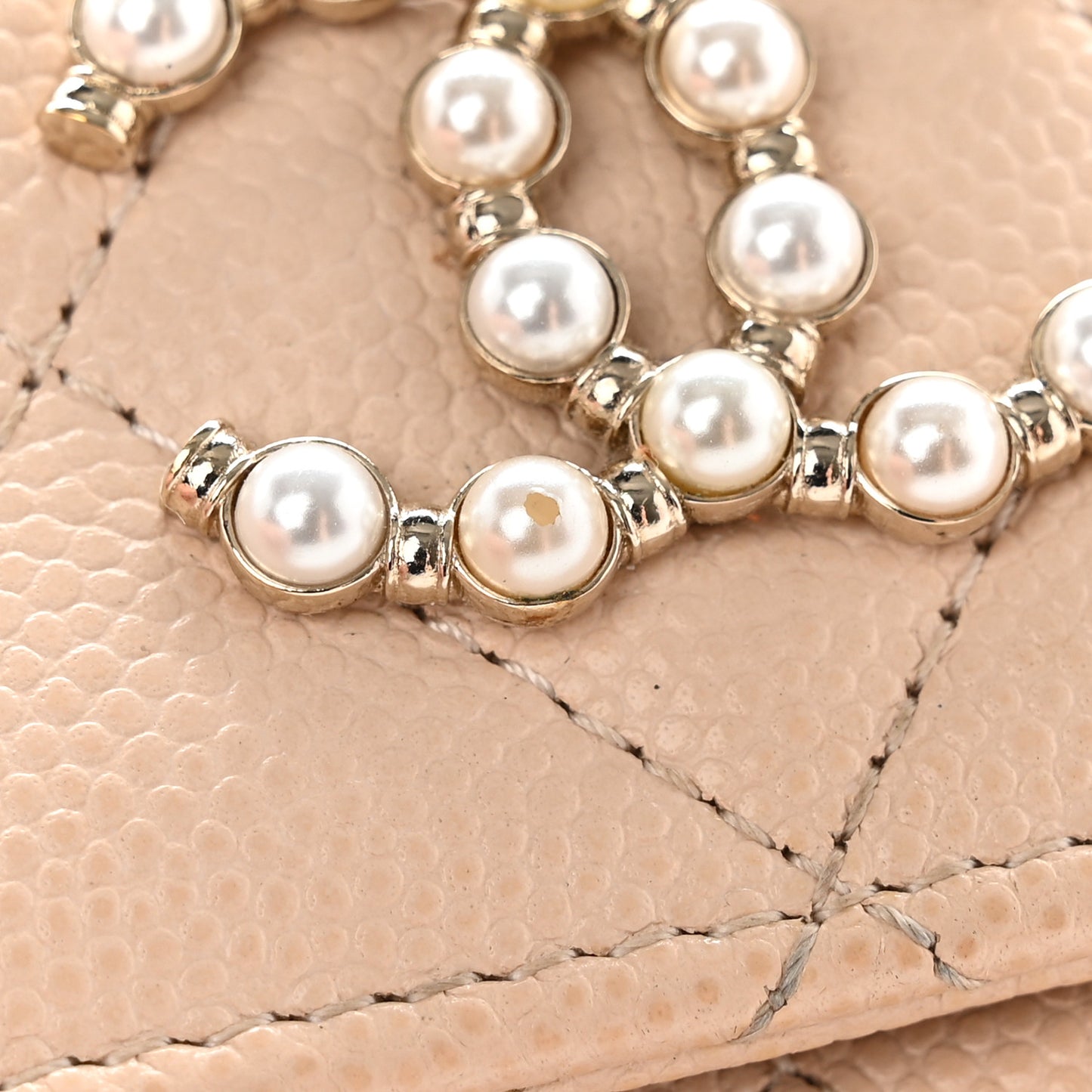 Caviar Pearl Quilted Coco Candy Flap Card Holder Beige