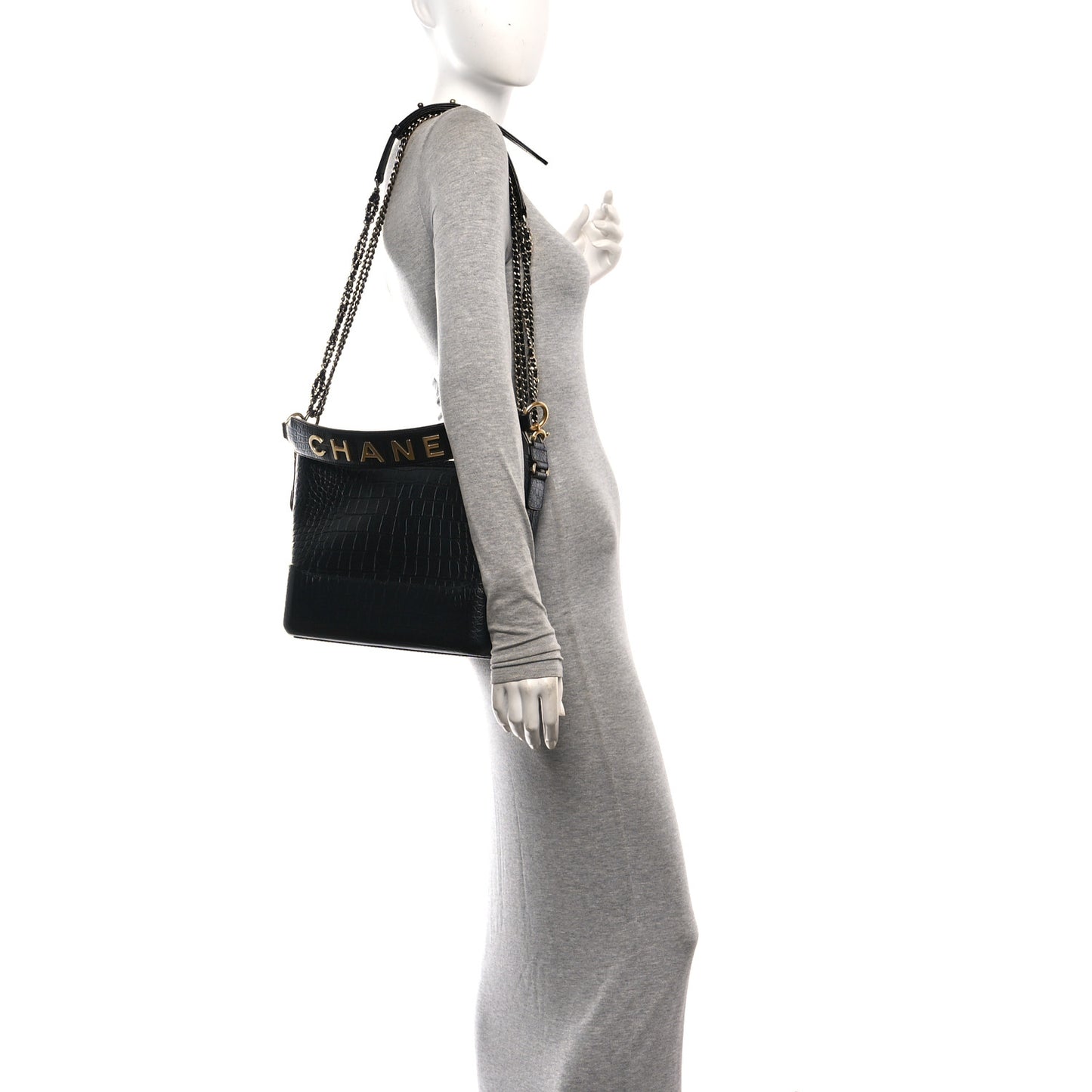 Crocodile Embossed Calfskin Medium Gabrielle Cocodile Hobo Black