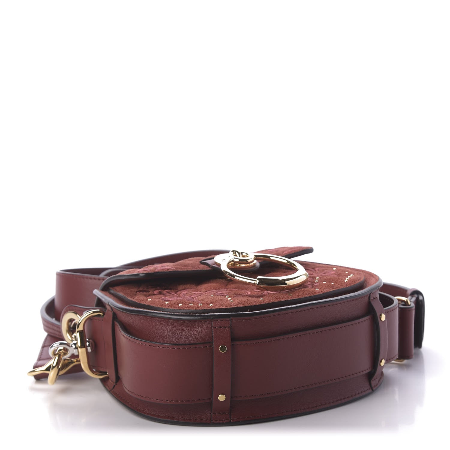 Chloe Suede Calfskin Quilted Embroidered Small Tess Saddle Bag Reddish Brown 4 of 9
