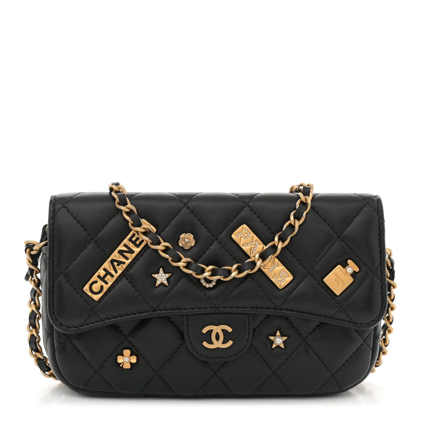 Lambskin Quilted Charm Flap Phone Holder With Chain Black