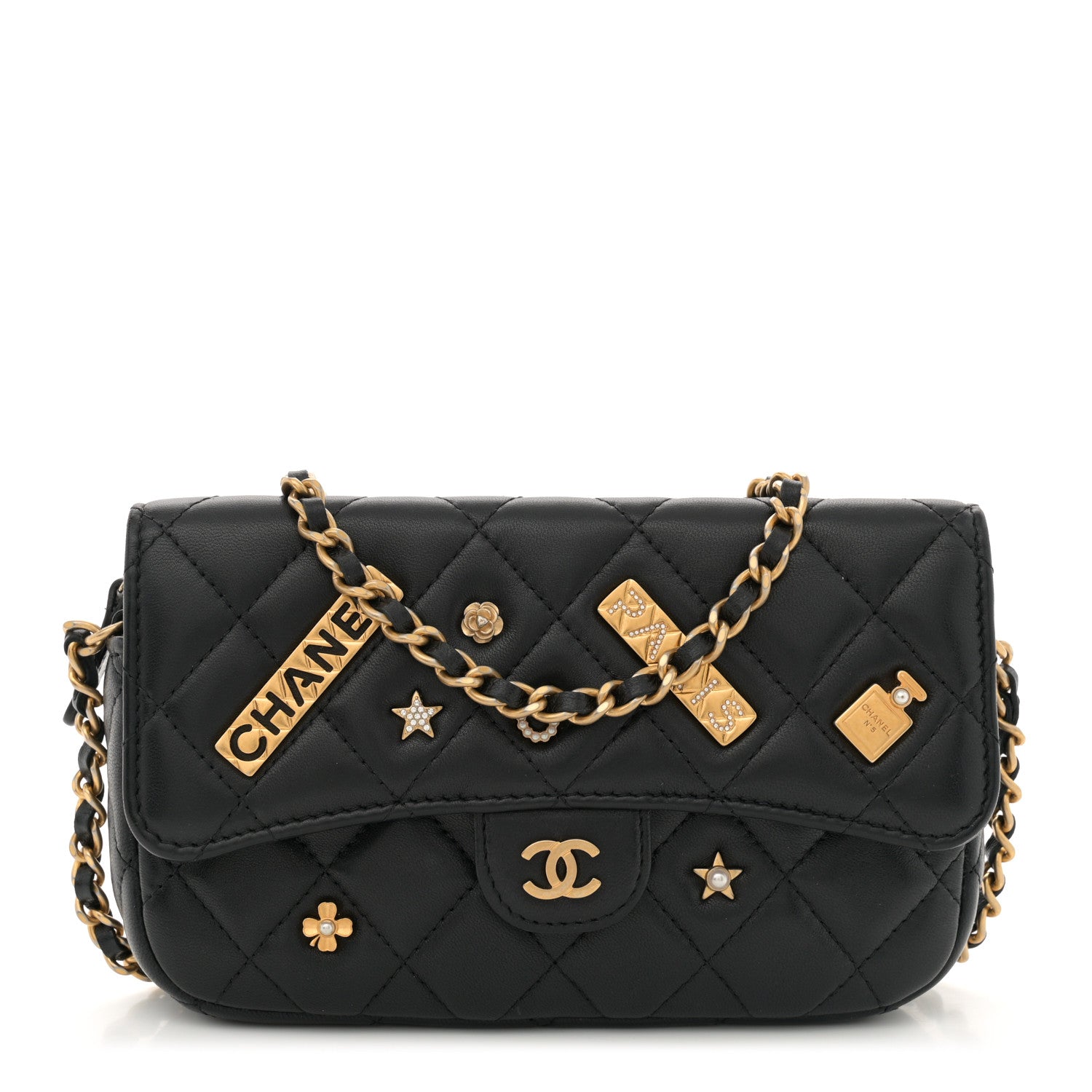 Chanel Lambskin Quilted Charm Flap Phone Holder With Chain Black 1 of 13