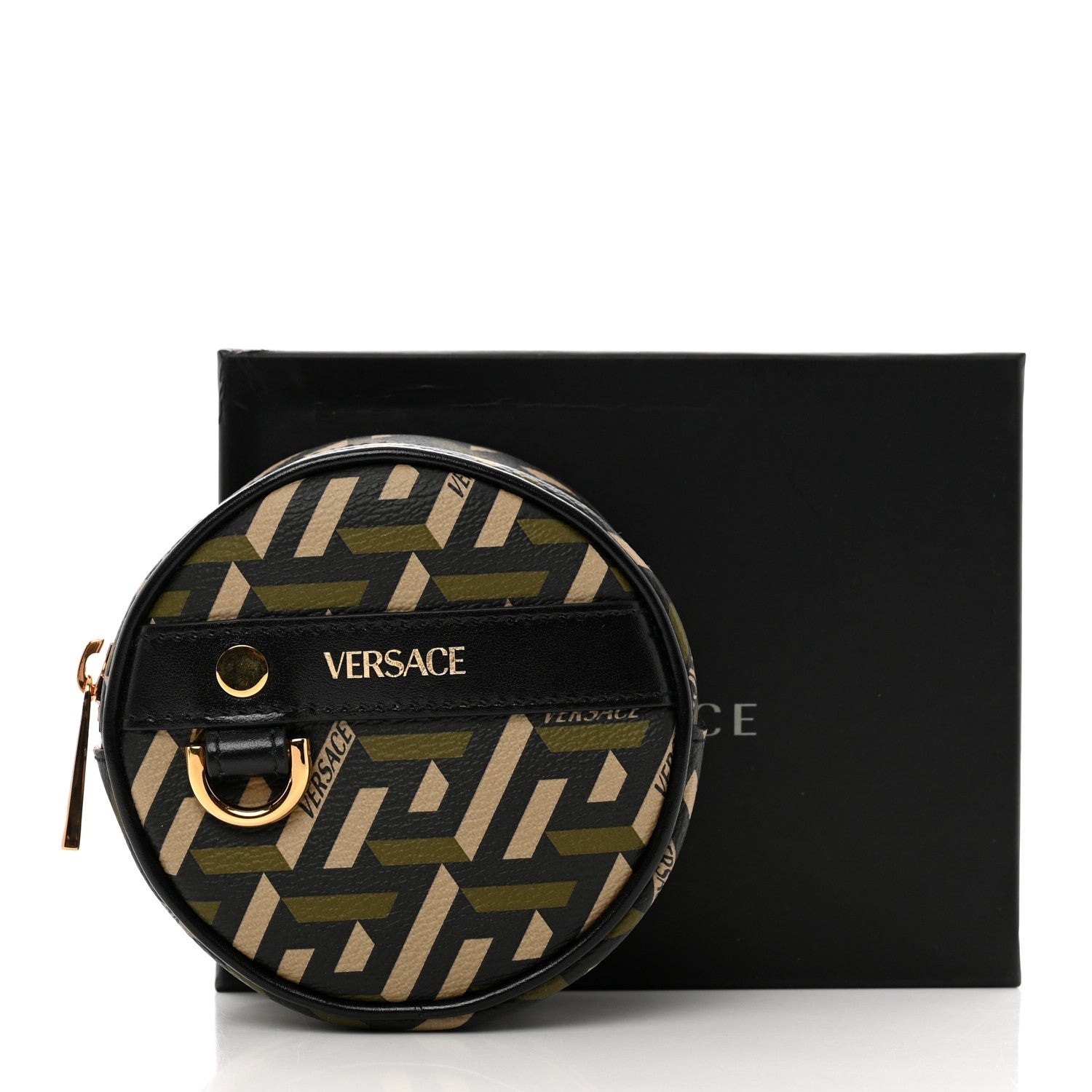 Versace Coated Canvas Calfskin La Greca Round Zip Pouch Black Khaki 7 of 7