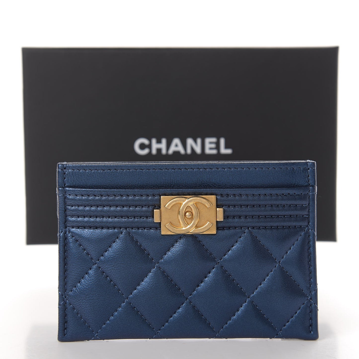 Metallic Lambskin Quilted Boy Card Holder Blue
