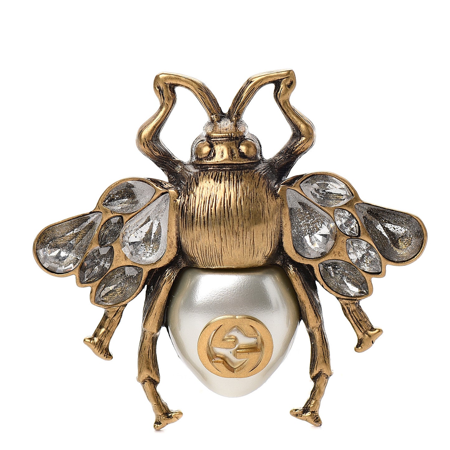 Metal Crystal Pearl Bee Multifinger Ring Aged Gold