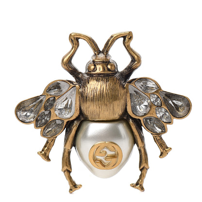 Gucci Metal Crystal Pearl Bee Multifinger Ring Aged Gold 1 of 3