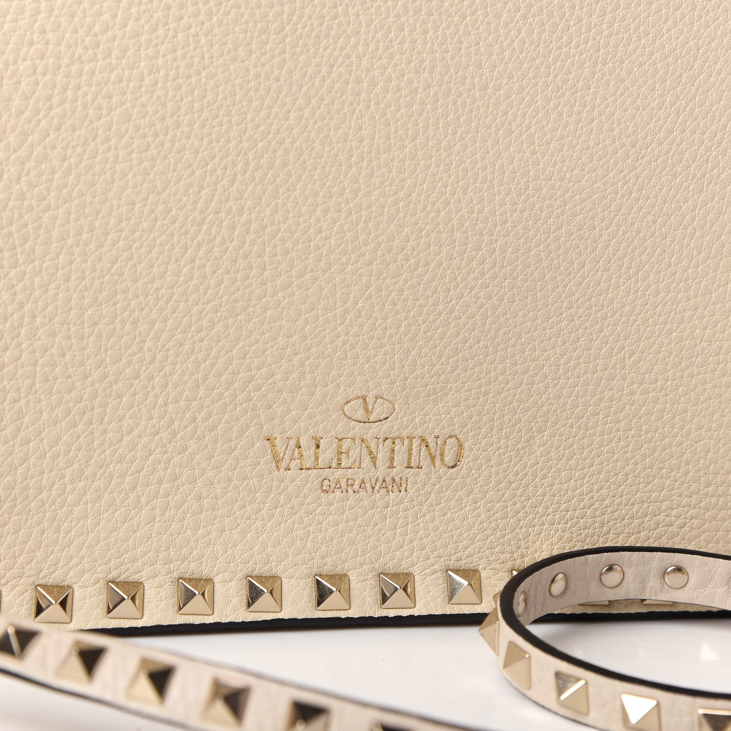 Grained Calfskin Rockstud Top Handle Flap Shoulder Bag Light Ivory