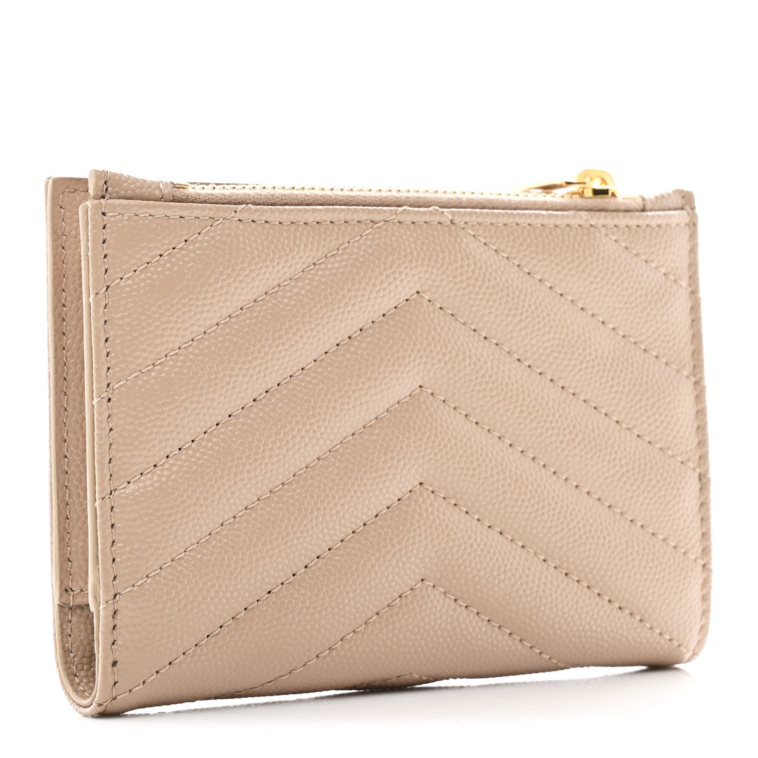 Saint Laurent Grain De Poudre Matelasse Chevron Monogram Zipped Two-Part Wallet Dark Beige 3 of 10