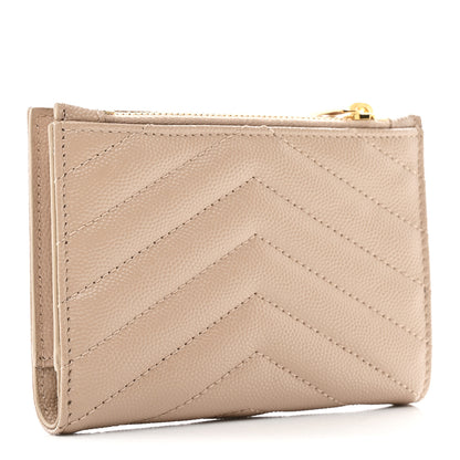 Saint Laurent Grain De Poudre Matelasse Chevron Monogram Zipped Two-Part Wallet Dark Beige 3 of 10