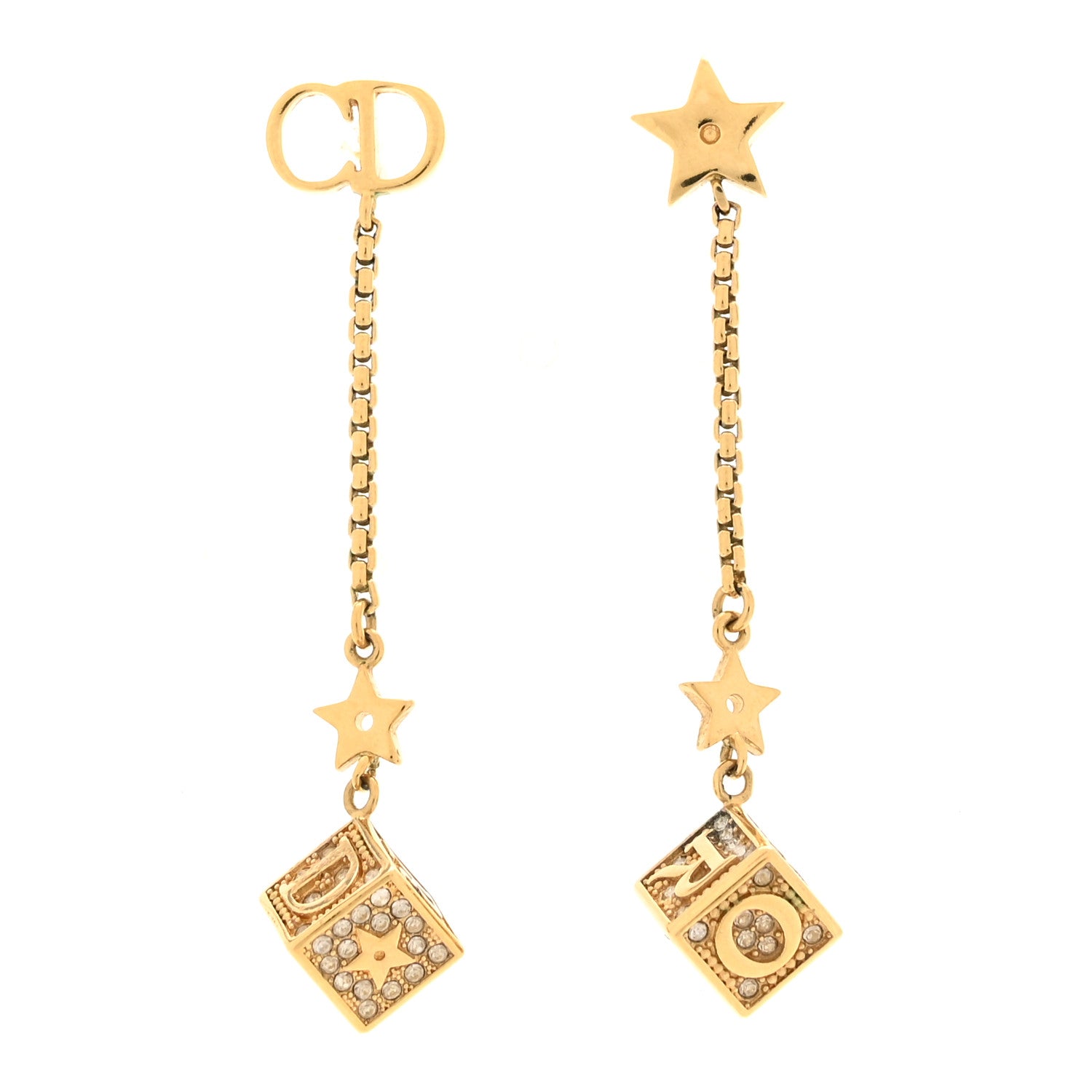 Christian Dior Metal Crystal Lucky Square Drop Earrings Gold 1 of 3