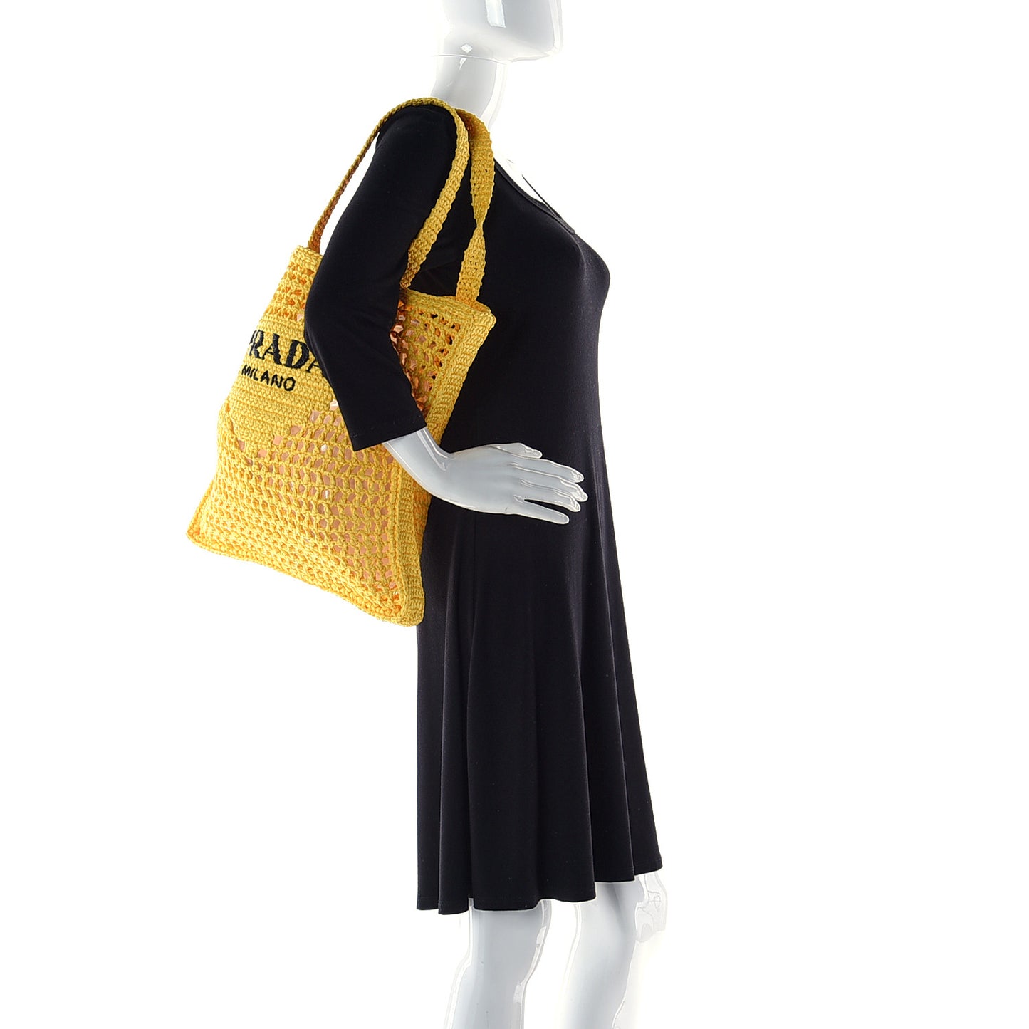 Yarn Raffia Effect Crochet Logo Embroidered Tote Bag Giallo