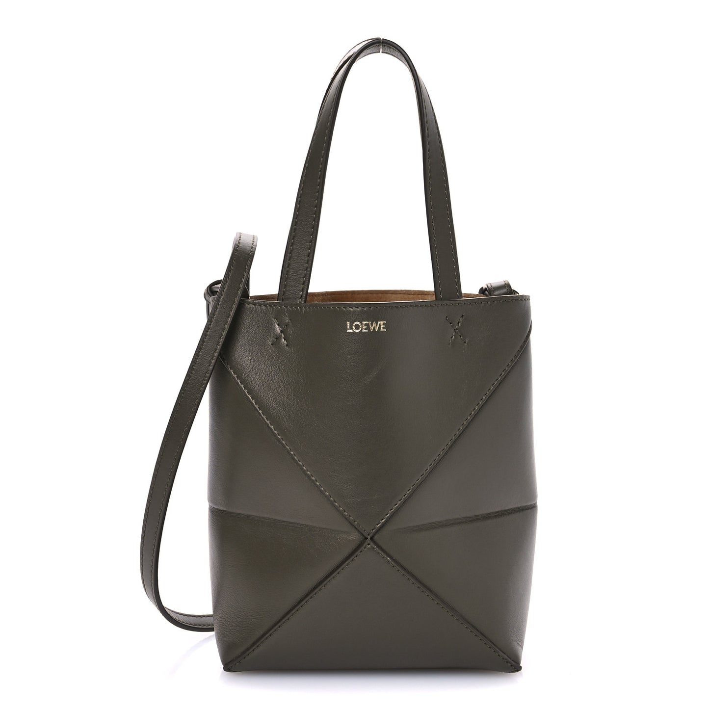 Shiny Calfskin Mini Puzzle Fold Tote Dark Khaki