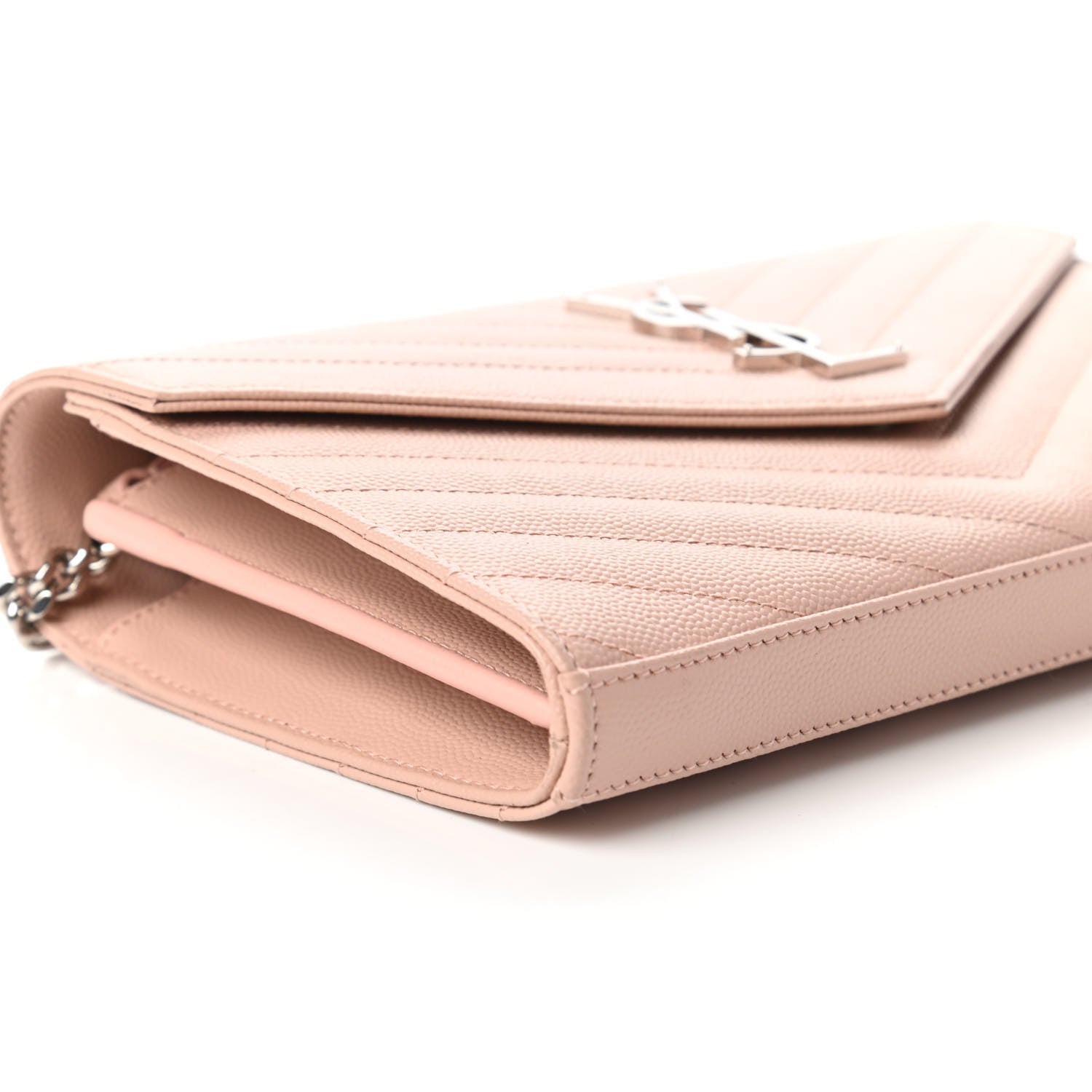 Saint Laurent Grain De Poudre Matelasse Chevron Monogram Chain Wallet Pale Pink 6 of 10