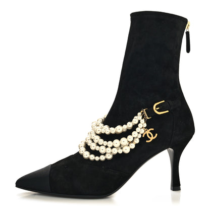 Chanel Stretch Suede Calfskin Grosgrain Pearl Multi Strand Cap Toe Ankle Boots 37 Black 1 of 7