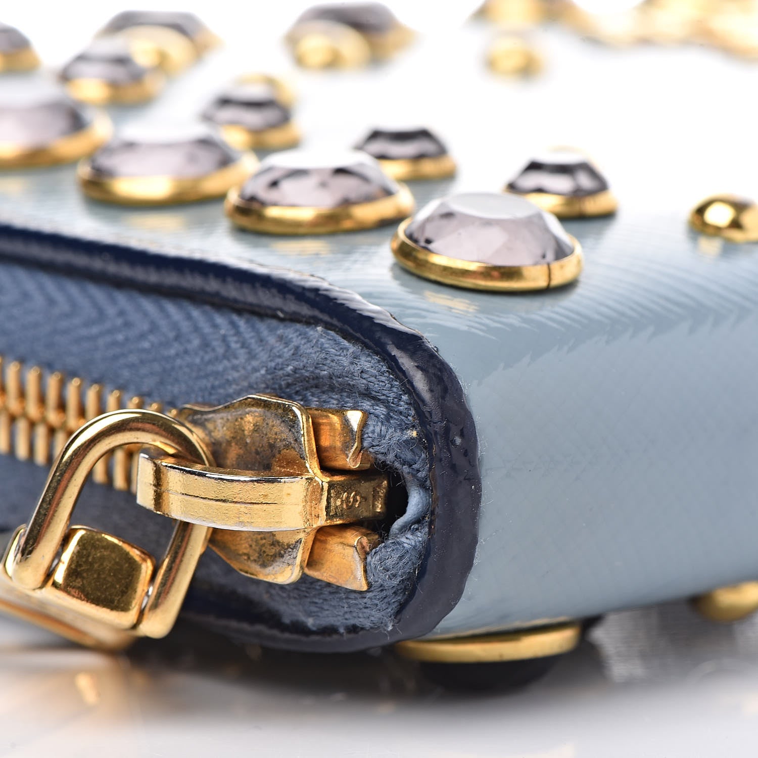 Prada Saffiano Vernice Crystal Studded Zip Around Wallet Blue 9 of 13