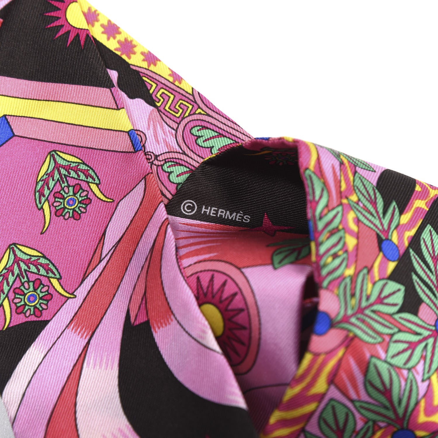 Hermes Silk La Source de Pegase Twilly Ebene Rose Vif Jaune Vif 3 of 4