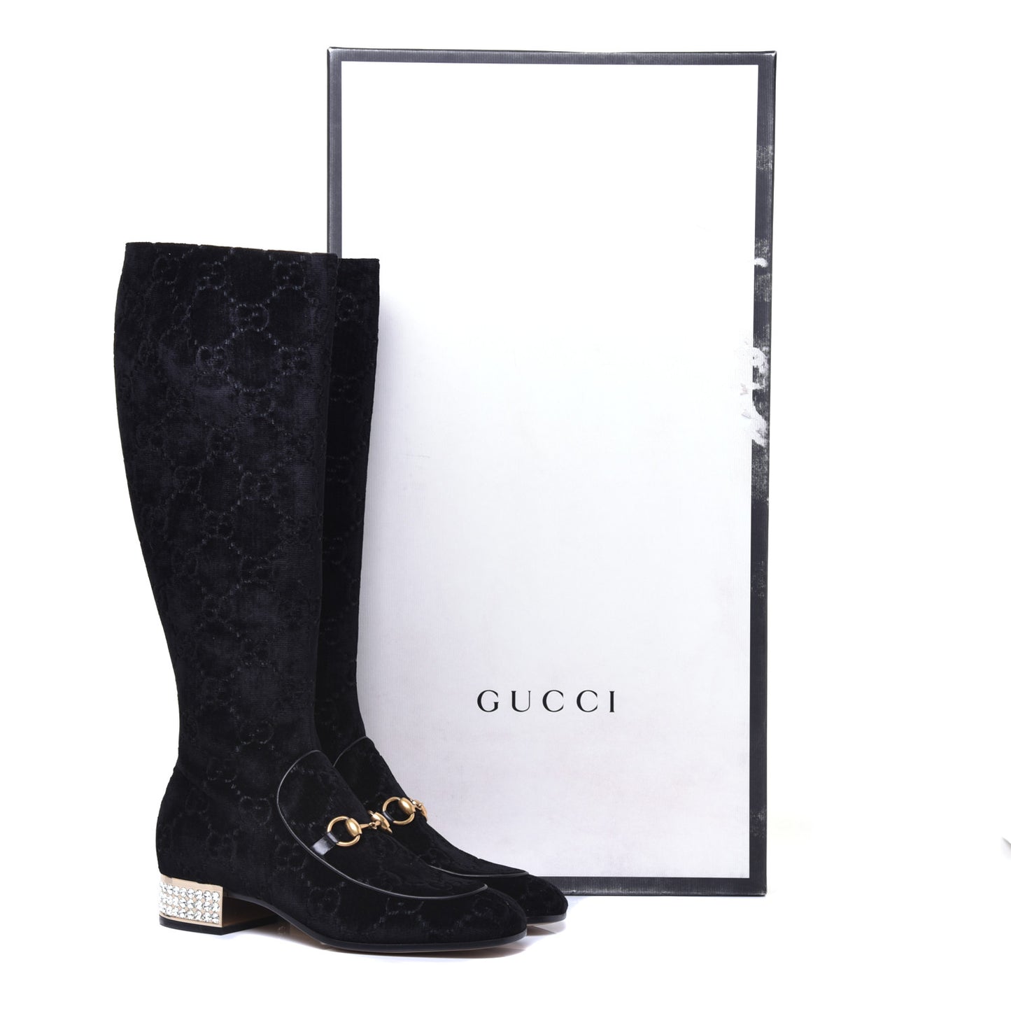 Velvet GG Monogram Crystal Horsebit Knee High Boots 39 Black