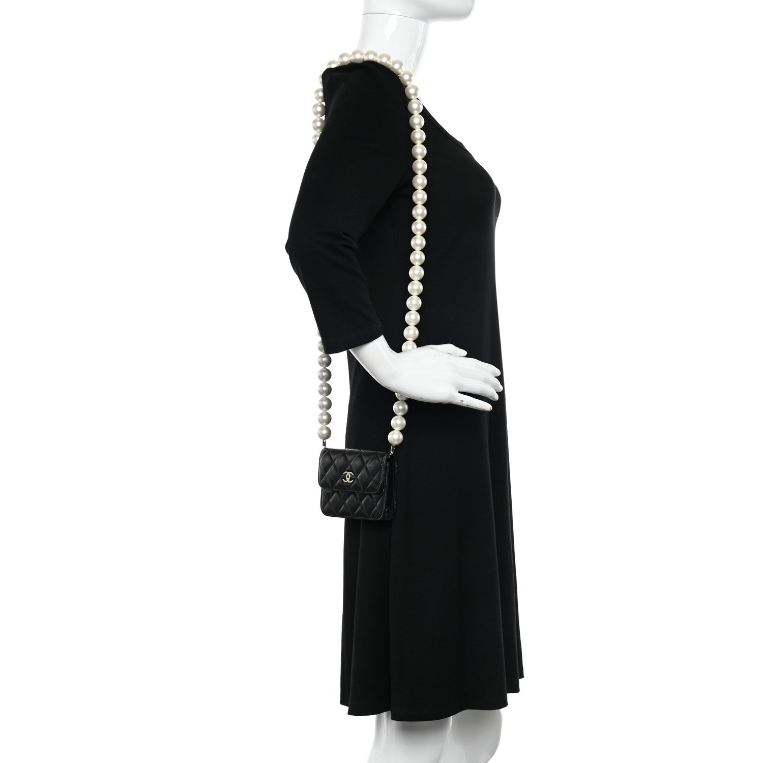 Chanel Calfskin Quilted Maxi Pearls Card Holder Flap With Chain Black 2 of 11