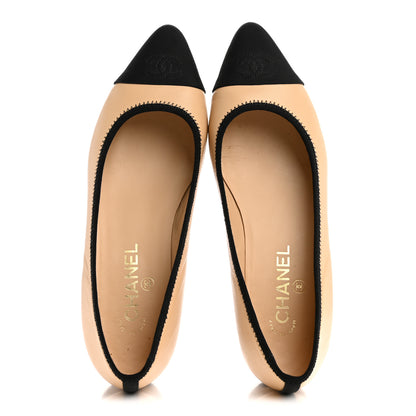 Chanel Lambskin Grossgrain Cap Toe Chain CC Flats 39 Beige Black 2 of 9