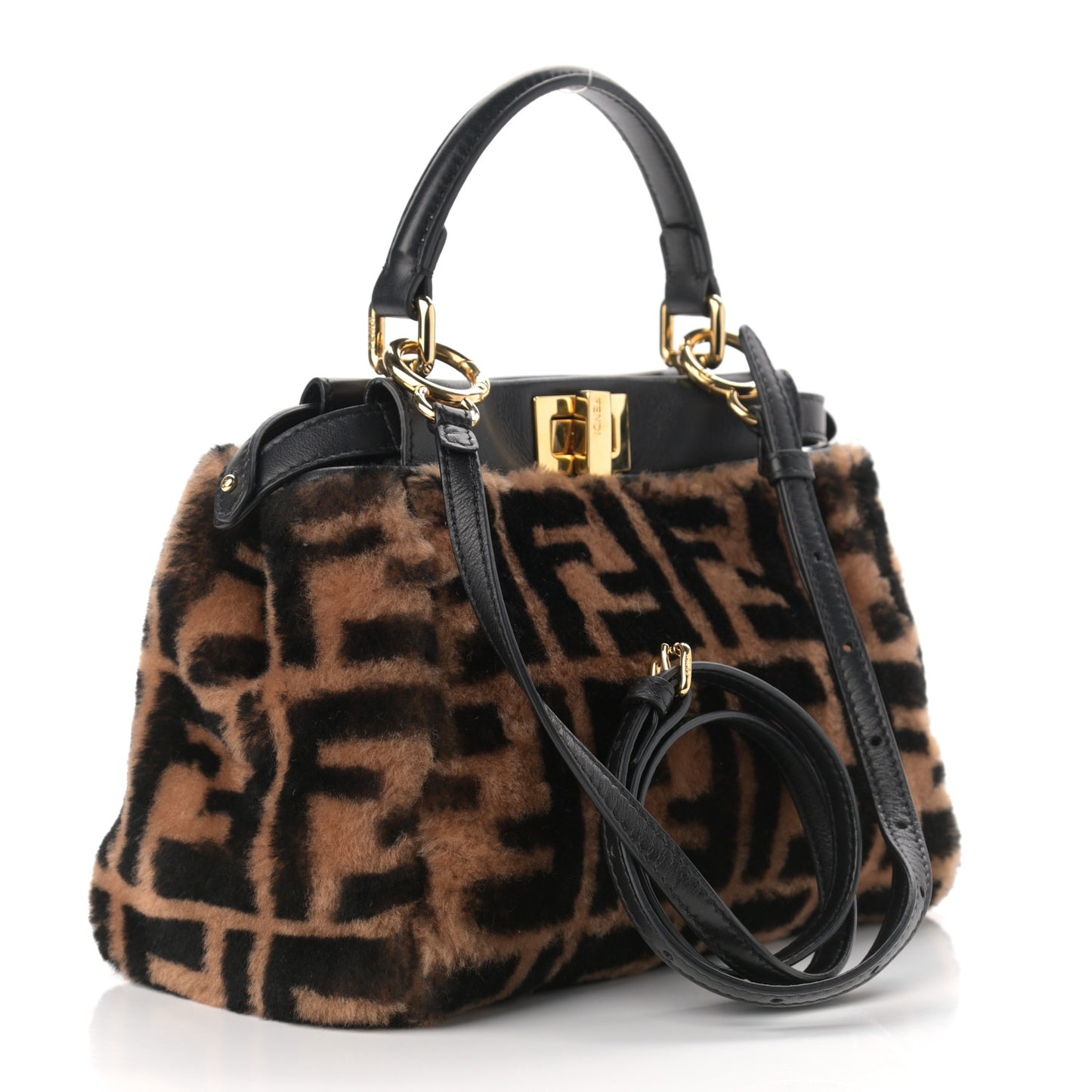 Shearling Nappa Macro FF 1974 Mini Peekaboo Iconic Satchel Tobacco Black