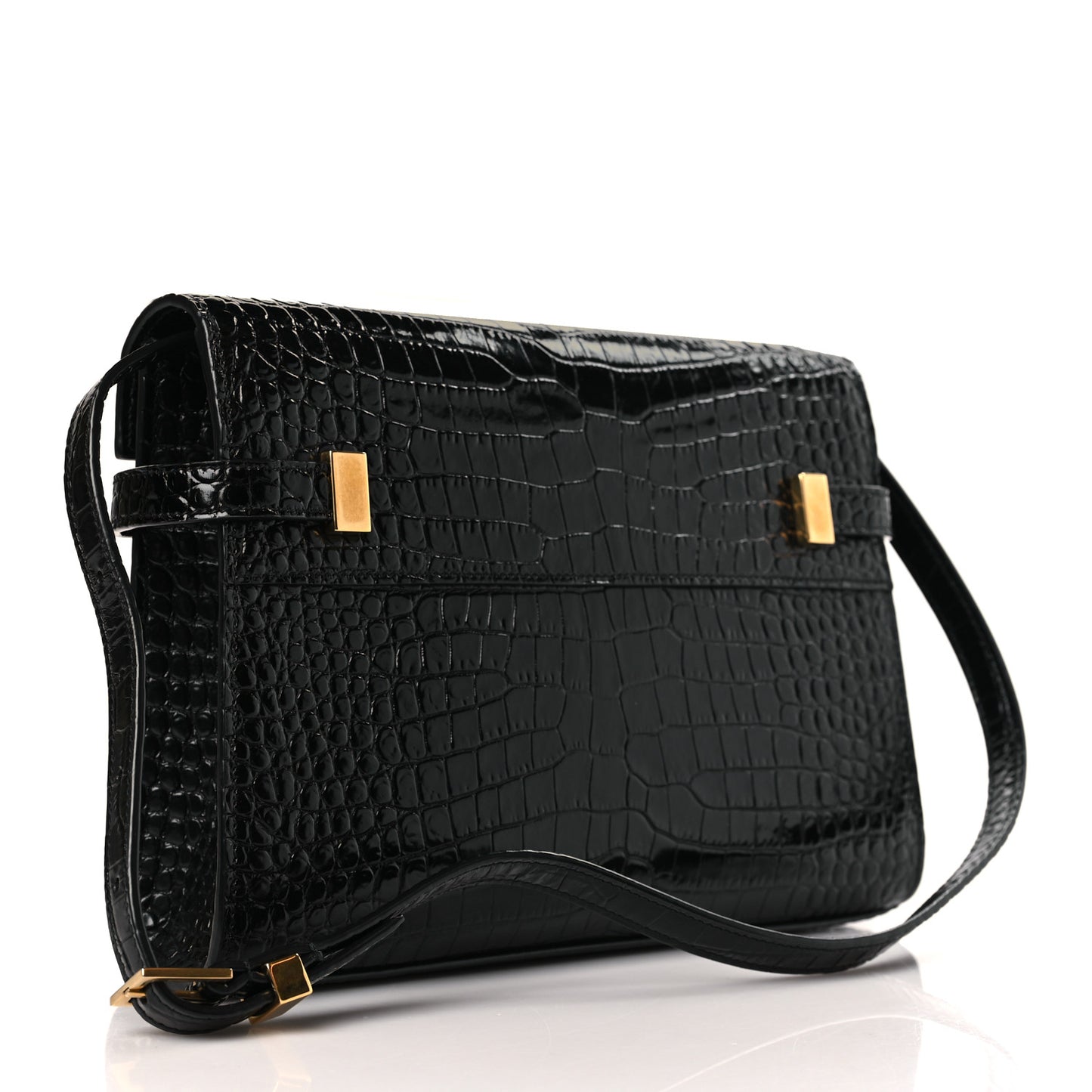 Shiny Calfskin Crocodile Embossed Small Manhattan Baguette Black