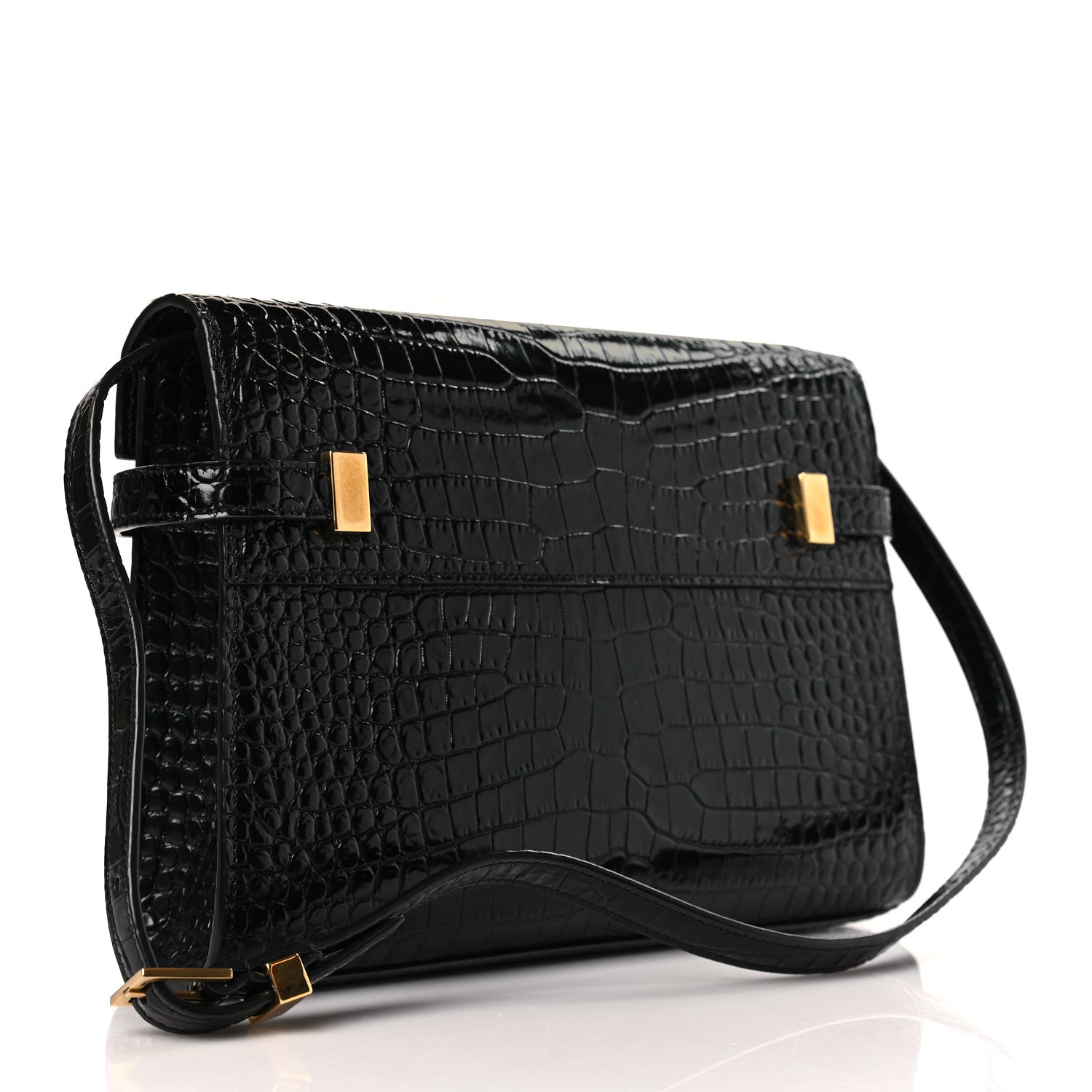 Saint Laurent Shiny Calfskin Crocodile Embossed Small Manhattan Baguette Black 3 of 9