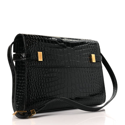 Saint Laurent Shiny Calfskin Crocodile Embossed Small Manhattan Baguette Black 3 of 9