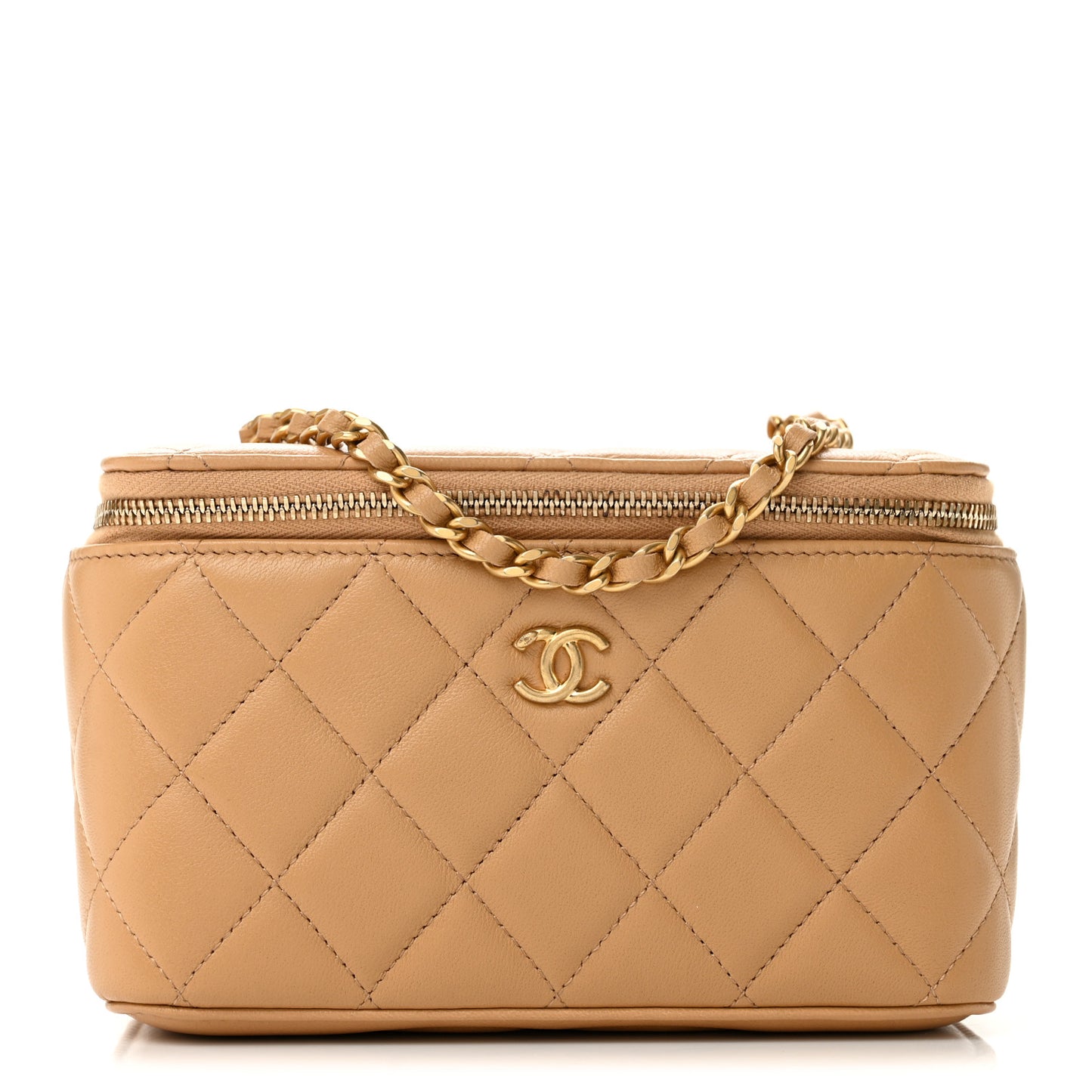 Lambskin Quilted Pearl Crush Small Vanity Case With Chain Beige