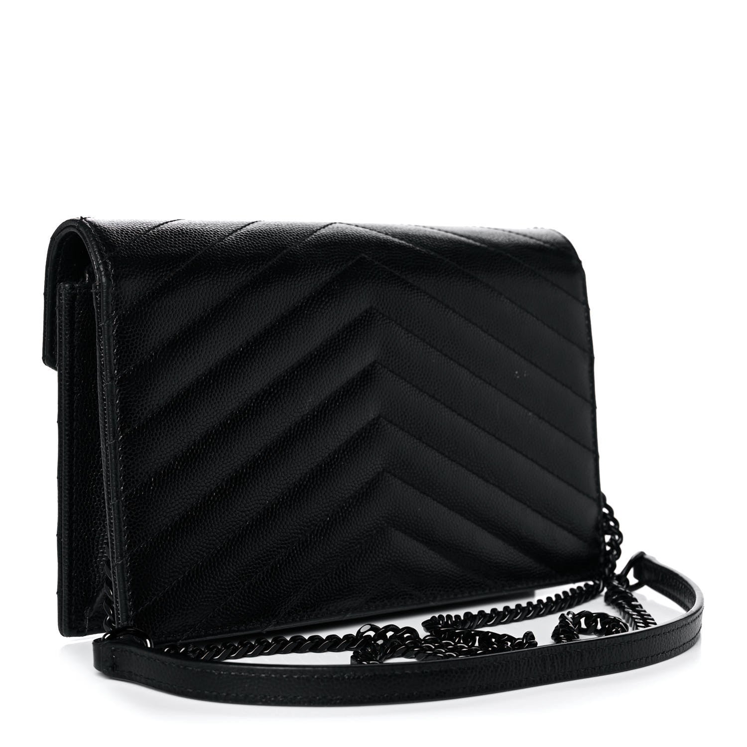 Saint Laurent Grain De Poudre Matelasse Chevron Monogram Monochrome Envelope Chain Wallet Black 3 of 10