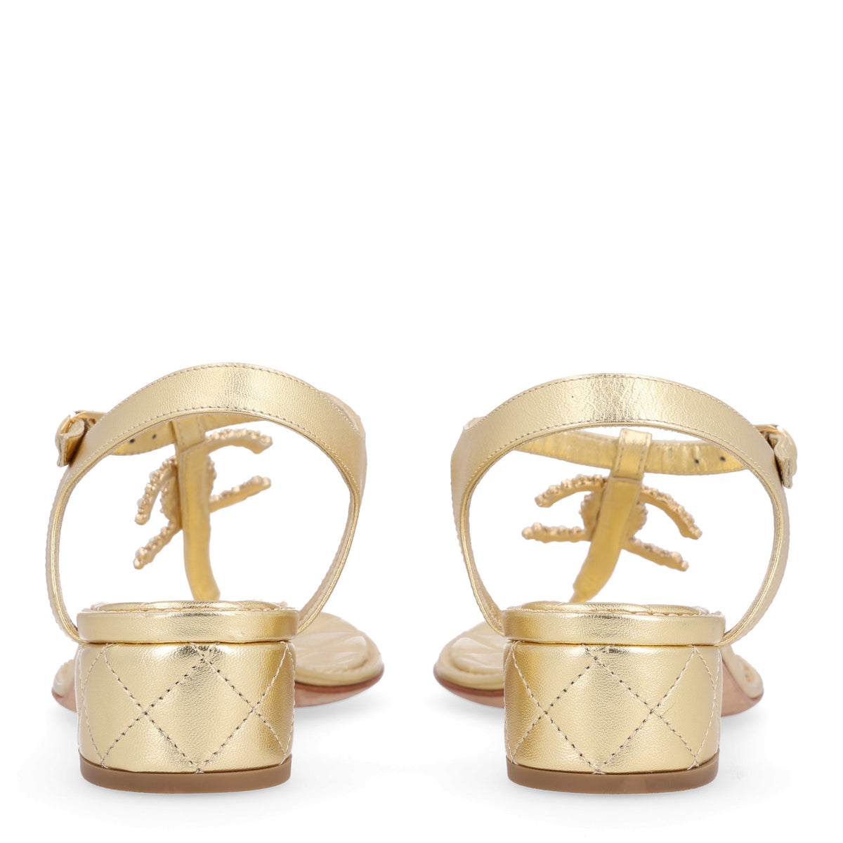 Laminated Lambskin Quilted CC Pearl Thong Sandals 39 Gold