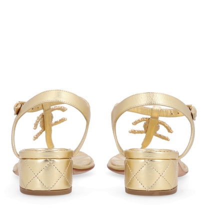Chanel Laminated Lambskin Quilted CC Pearl Thong Sandals 39 Gold 6 of 11