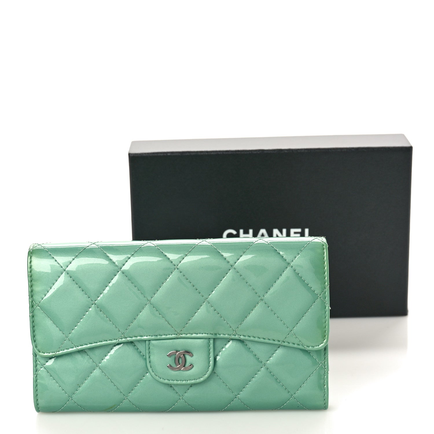 Chanel Patent Quilted Long Flap Wallet Green 10 of 10