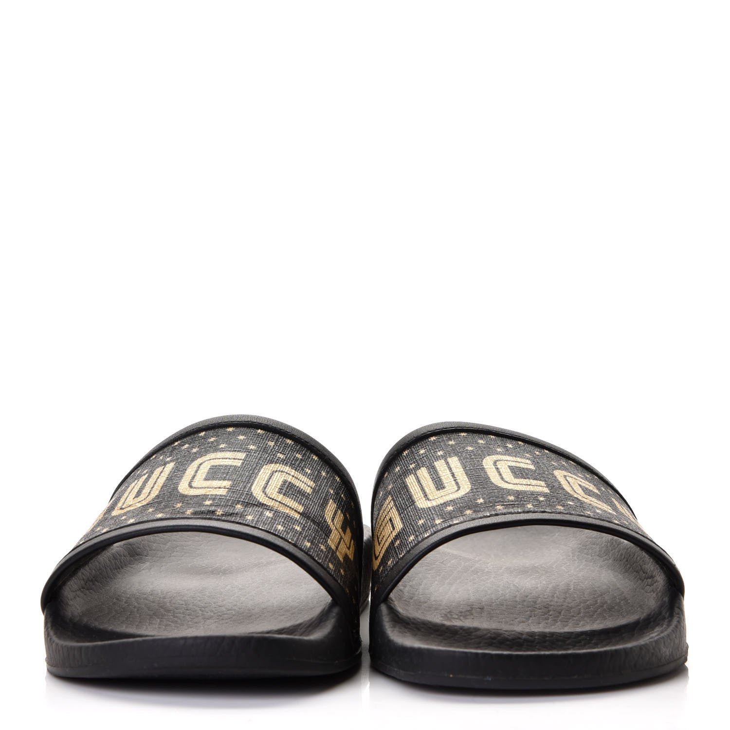 Gucci X SEGA Supreme Canvas GUCCY Stars Womens Slide Sandals 38 Black Gold 5 of 7
