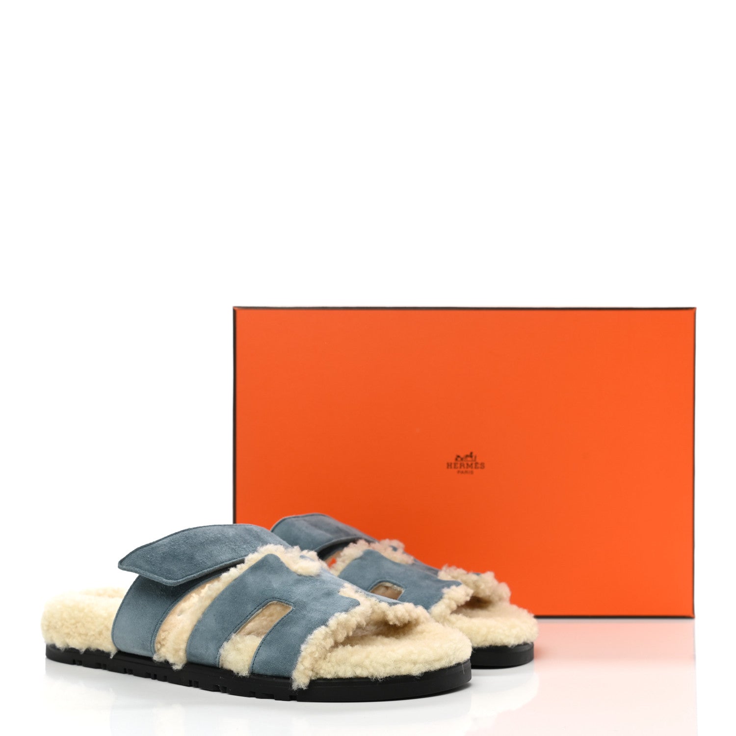 Hermes Suede Goatskin Woolskin Womens Chypre Sandals 36 Bleu Pinede 9 of 9