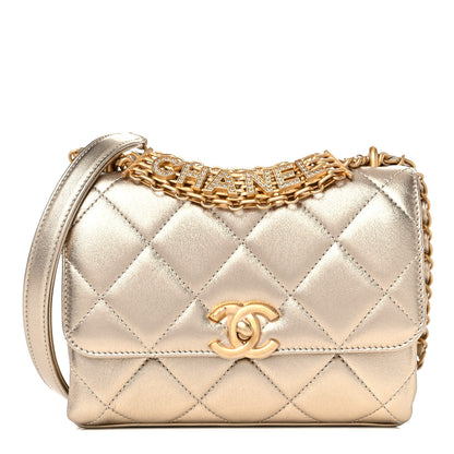 Chanel Metallic Lambskin Quilted Mini CC Crystal Logo Chain Flap Gold 1 of 10