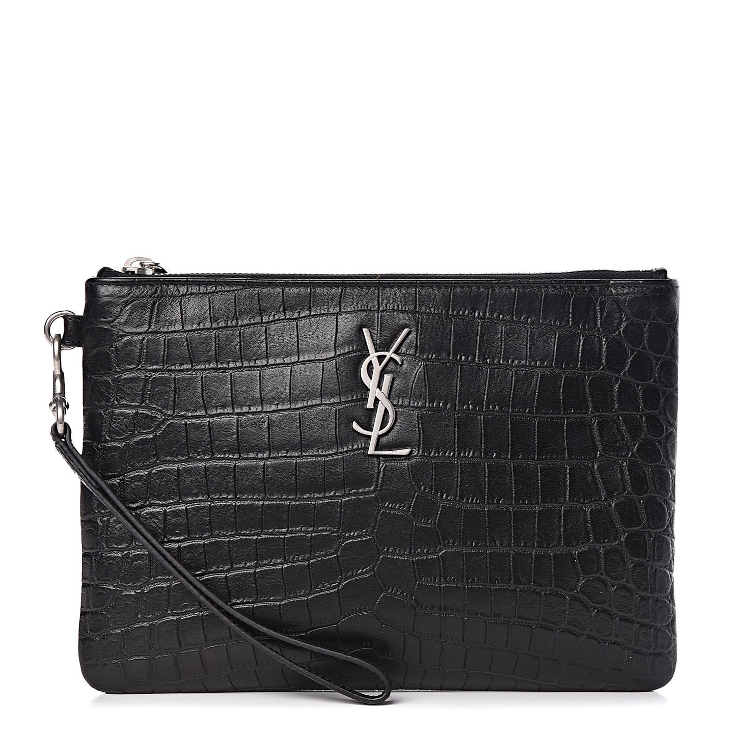 Calfskin Crocodile Embossed Monogram Zip Pouch Black