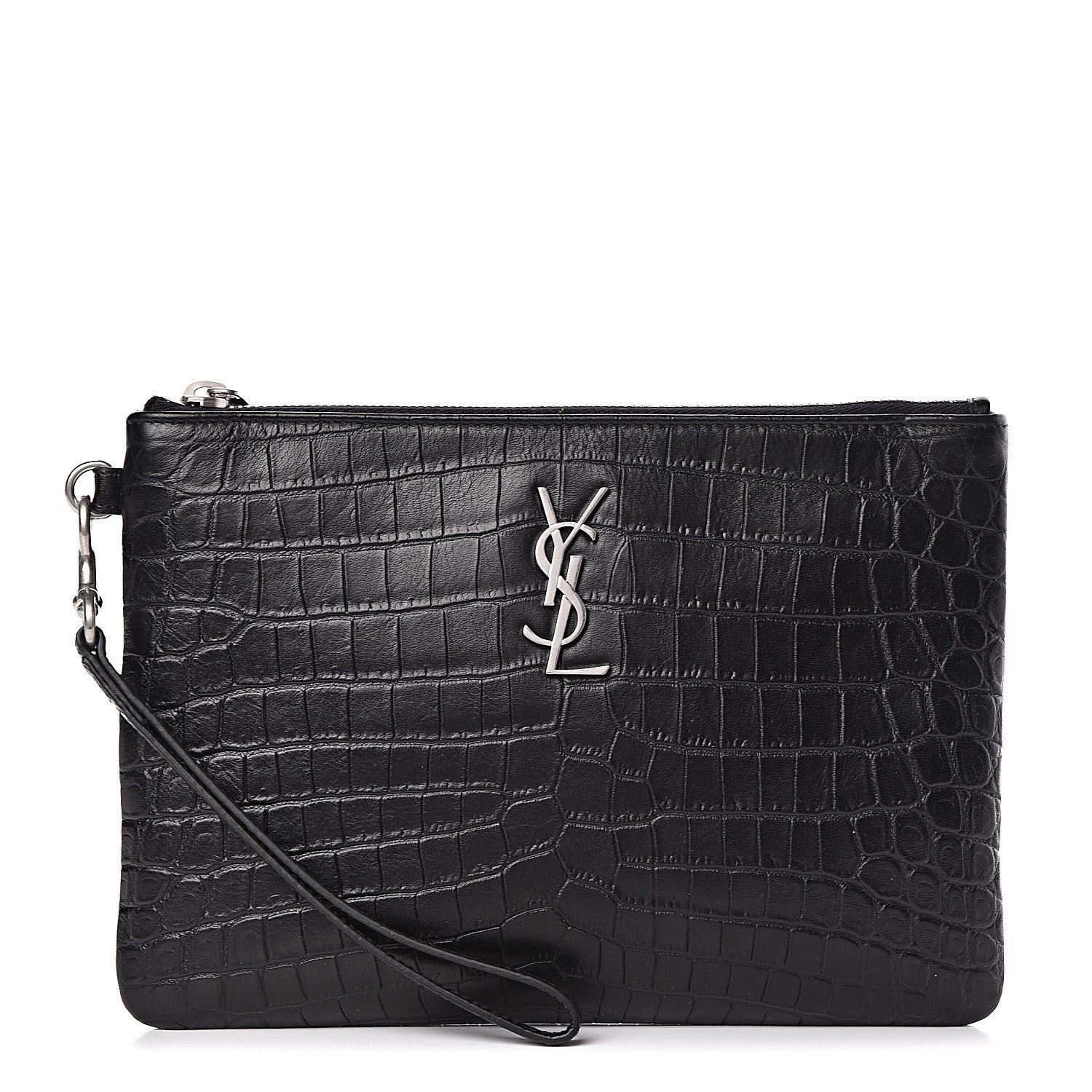 Saint Laurent Calfskin Crocodile Embossed Monogram Zip Pouch Black 1 of 7