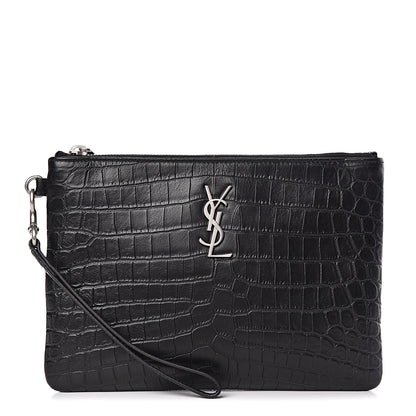 Saint Laurent Calfskin Crocodile Embossed Monogram Zip Pouch Black 1 of 7