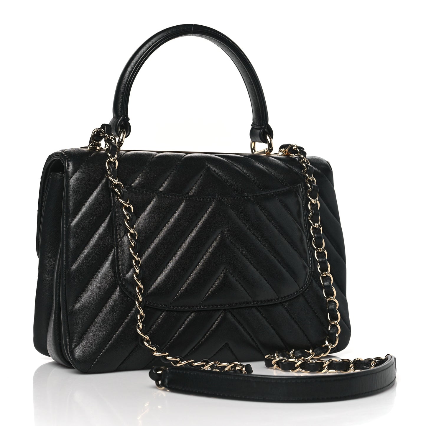 Lambskin Chevron Quilted Small Trendy CC Dual Handle Flap Bag Black