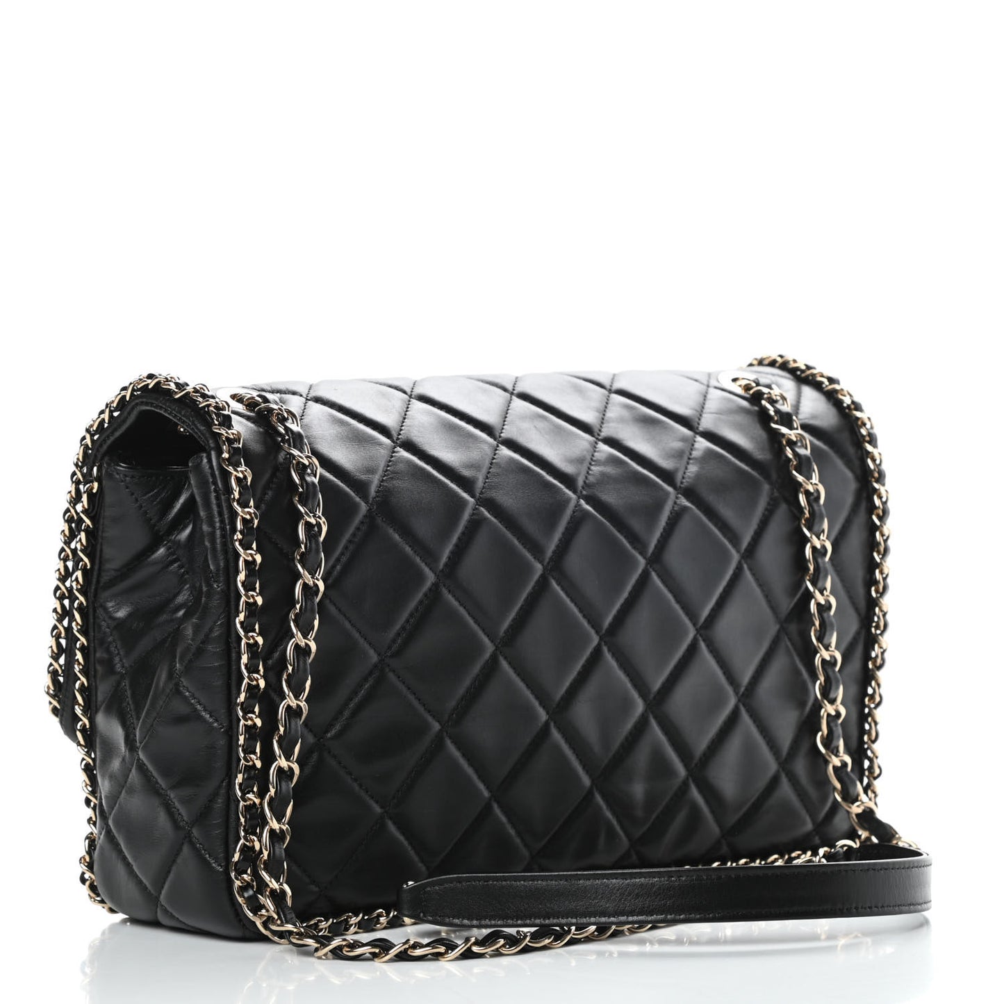 Crumpled Calfskin Quilted Large Chain All Over Flap Bag Black