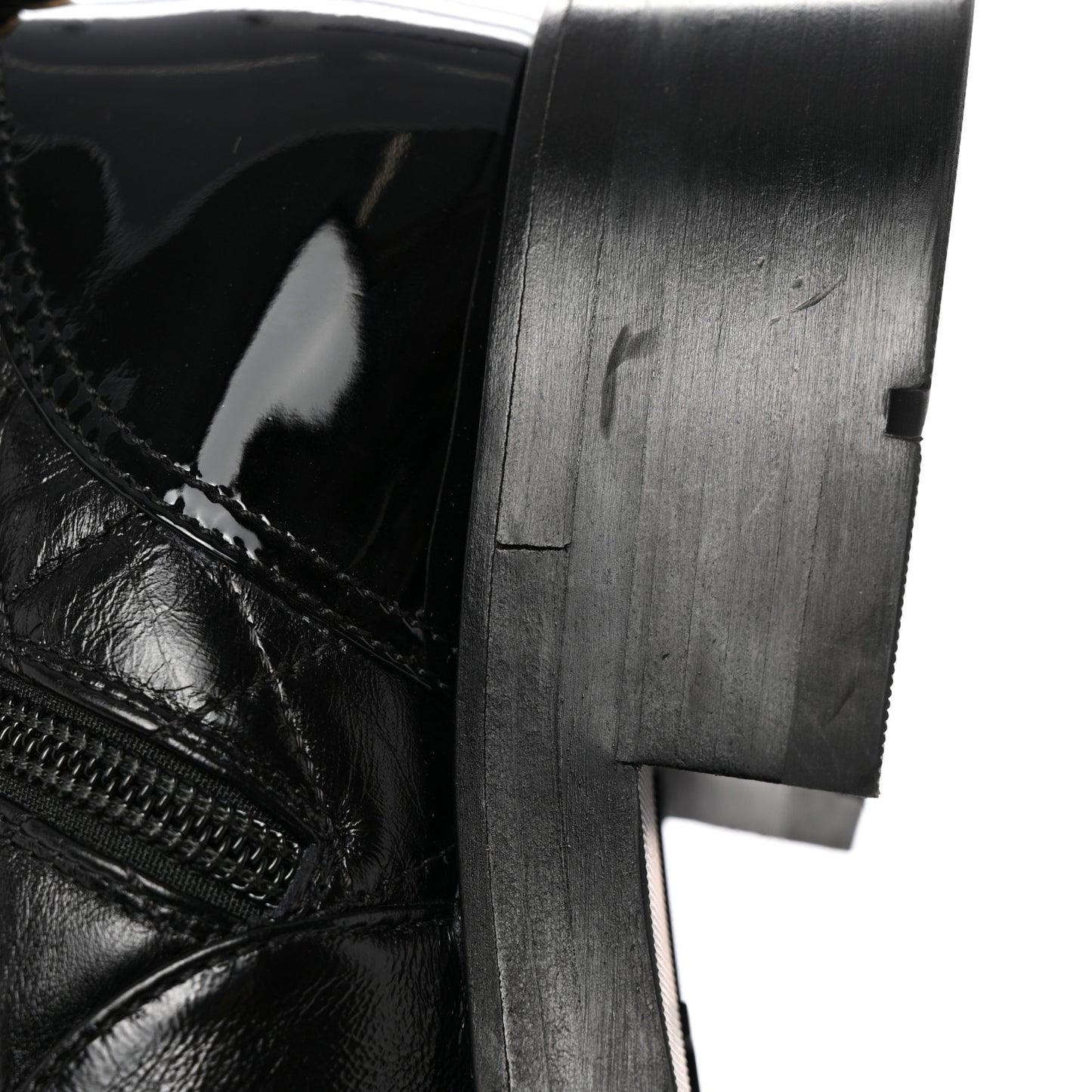 Shiny Calfskin Patent Quilted Chain Lace Up Combat Boots 37.5 Black