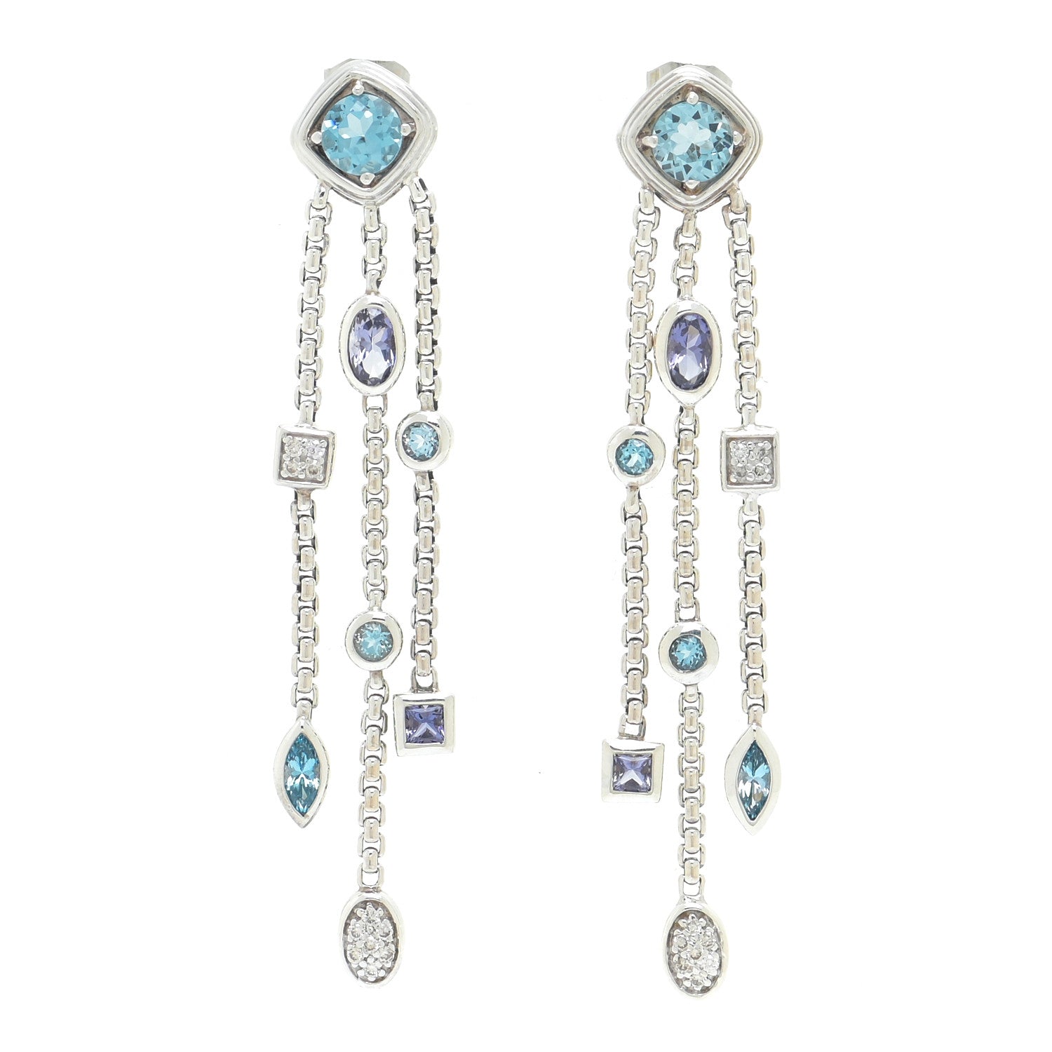 David Yurman Sterling Silver Diamond Blue Topaz Iolite Confetti 3 Row Tassel Earrings 1 of 5