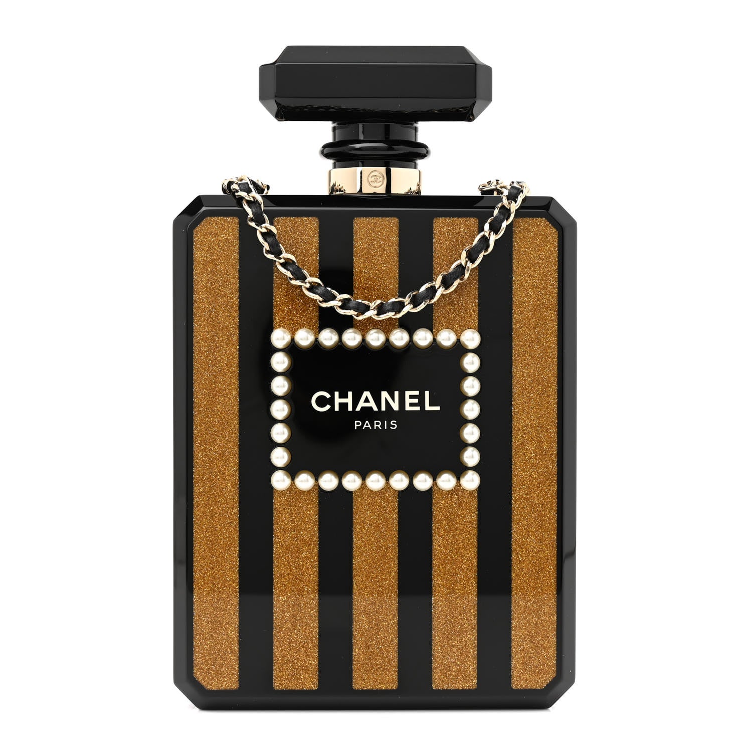 Chanel Plexiglass Perfume Bottle Clutch Black Gold 1 of 12