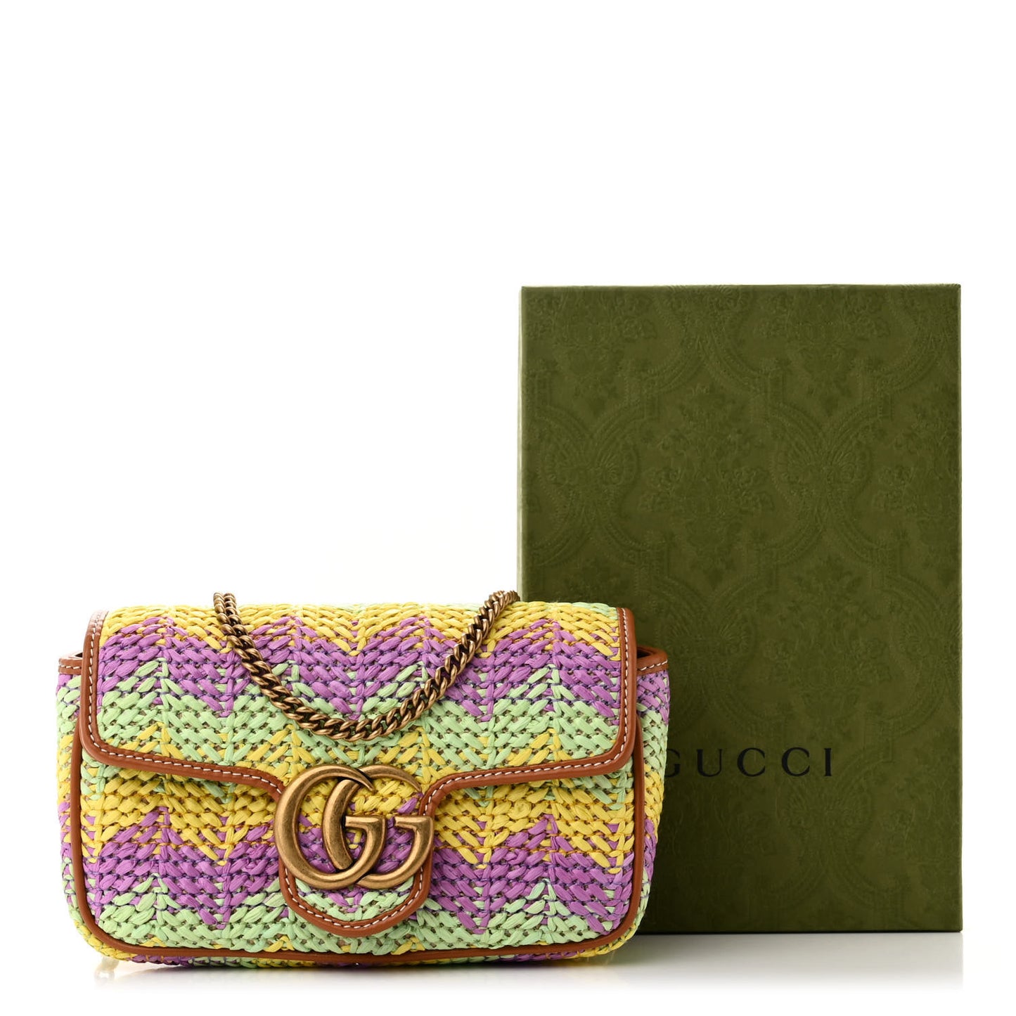 Woven Raffia Calfskin Super Mini GG Marmont Shoulder Bag Multicolor