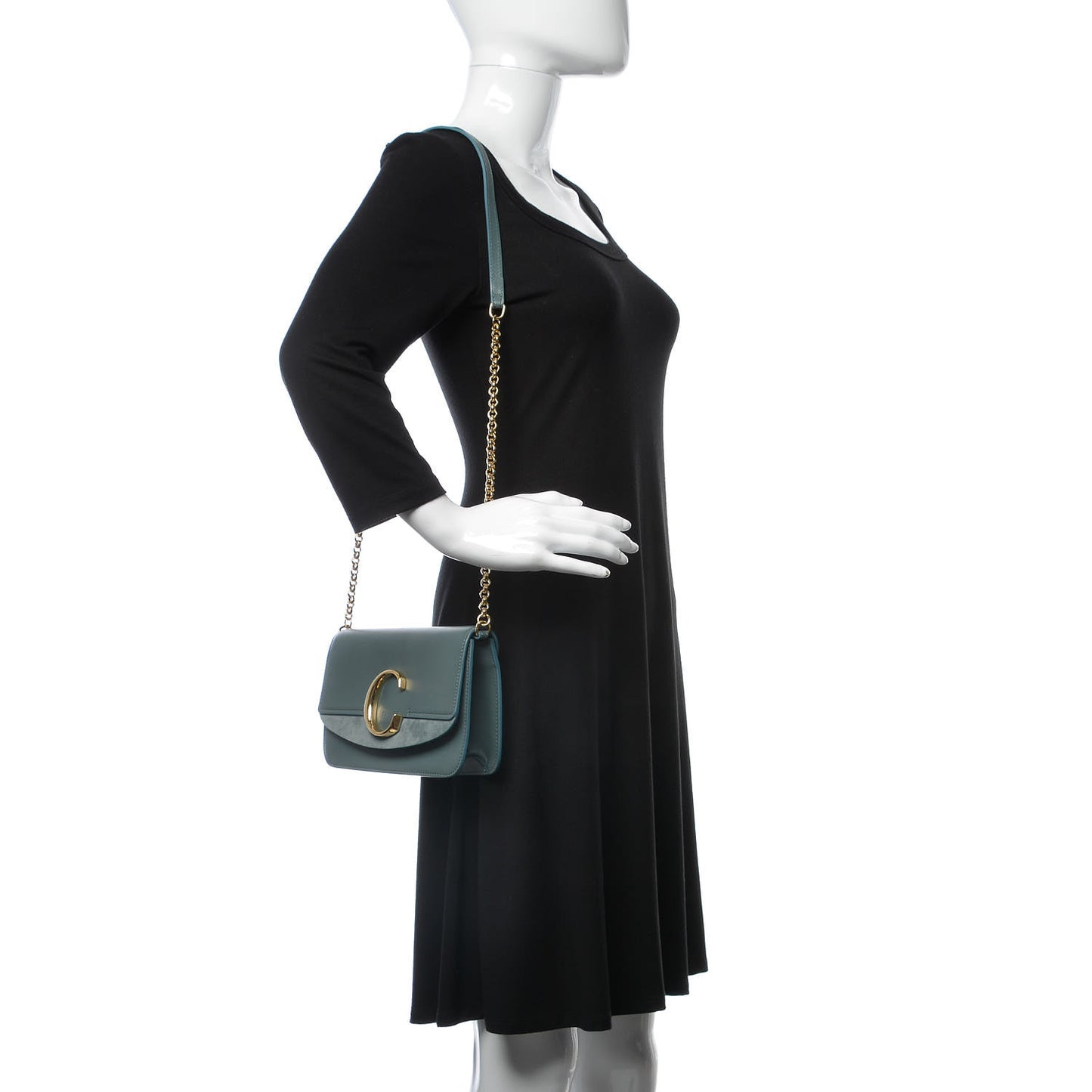 Calfskin Suede C Clutch With Chain Cloudy Blue